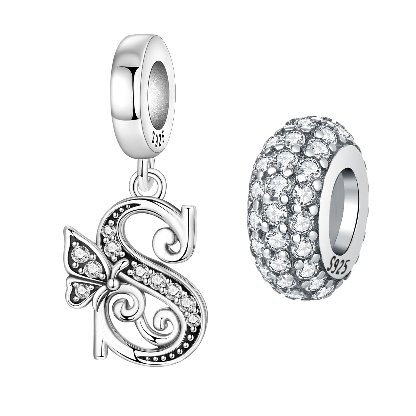 PANPOKI 2 Pack 925 Sterling Silver Butterfly Letter Charms for Bracelets and Necklace Alphabet Dangle Pendants Round Spacer Beads Pave Cubic Zirconia Jewelry Gift for Women (S Set)