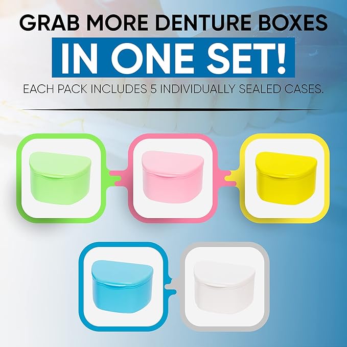 Denture Cases 5 Color Pack - Dental Box For Artificial Teeth, Mouth Guard, Night Guard, Gum Shields, Retainer - Denture Bath Container for Women and Men - Travel Denture Cup by PlastCare USA
