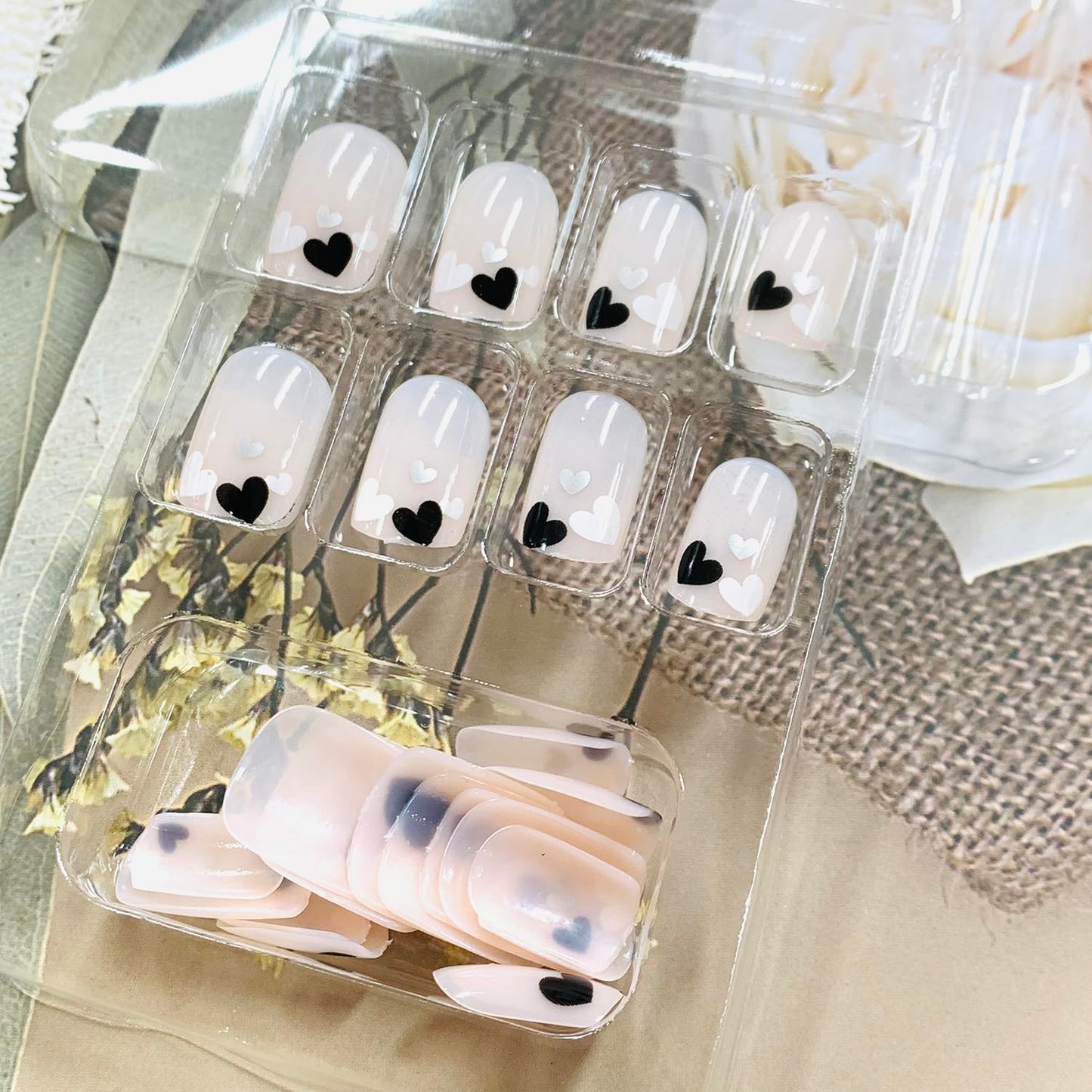 Press On Glossy Full Cover Acrylic Short Length Square False Nails with Black, White, Silver Heart Designs Artificial Square Shaped Fake Nails Glue Ons for Women & Girls