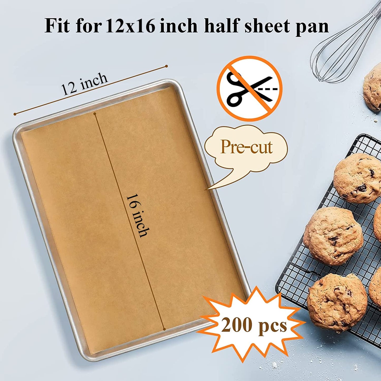 DISSKNIC 200PCS Unbleached Parchment Paper 12 x 16, Precut for Baking, Half Sheet for Cookie Sheets, Kitchen Gadgets and Supplies for Oven