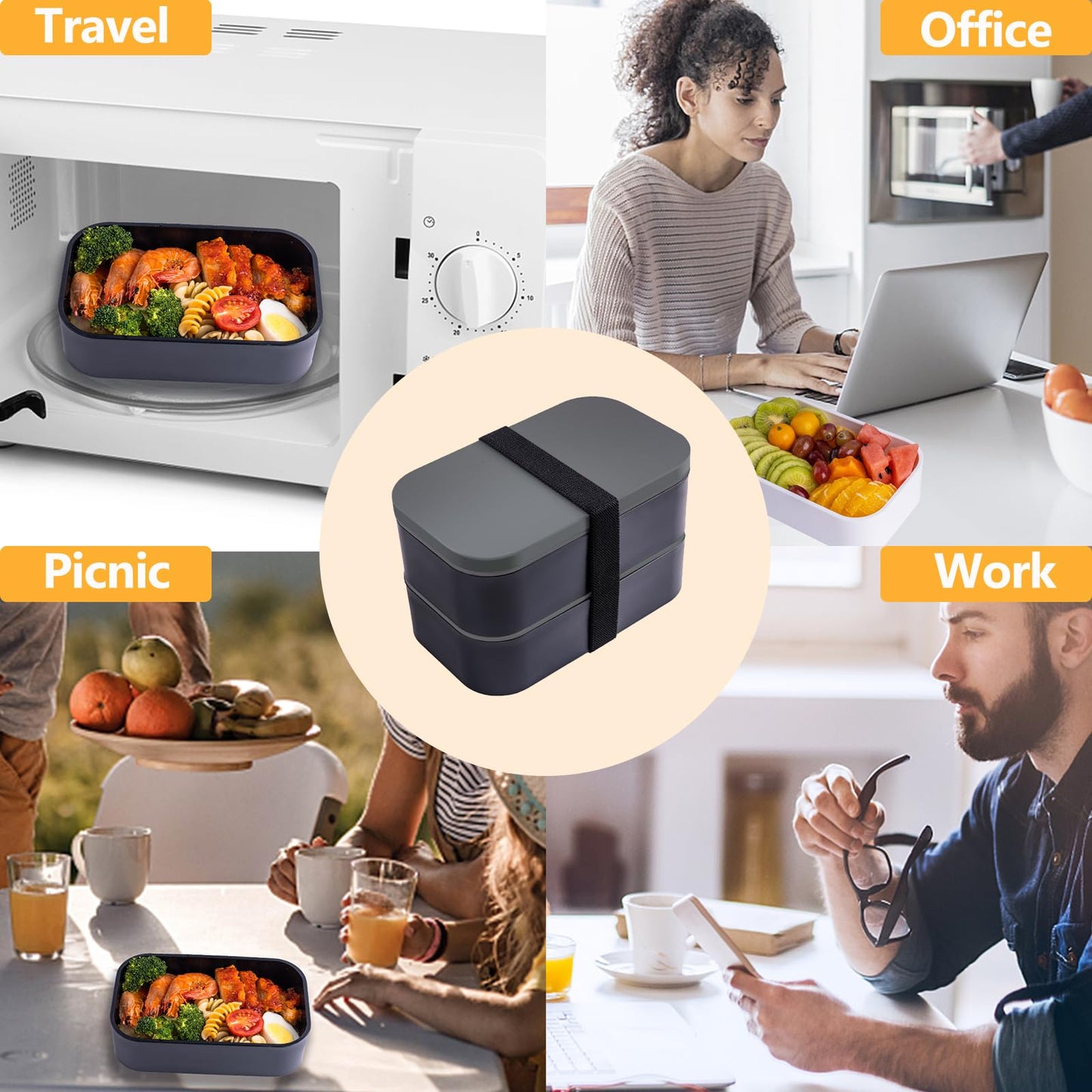 Healfyya Bento Box with Lunch Bag Microwavable All-in-One Meal Prep Compartment Lunch Containers with Utensils Leak Resistant Lunch Box with Sauce Container 60oz Gray