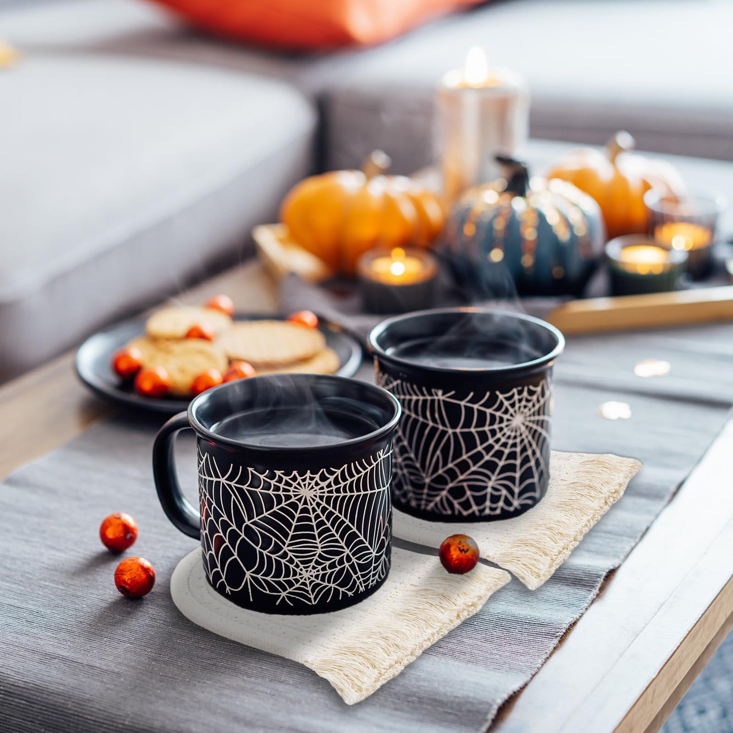 Whaline Halloween Ghost Cotton Coasters Cute White Ghost Shape Handmade Braided Drink Coasters with Tassel Absorbent Cup Mats for Trick or Treat Party Home Table Decor, Set of 4