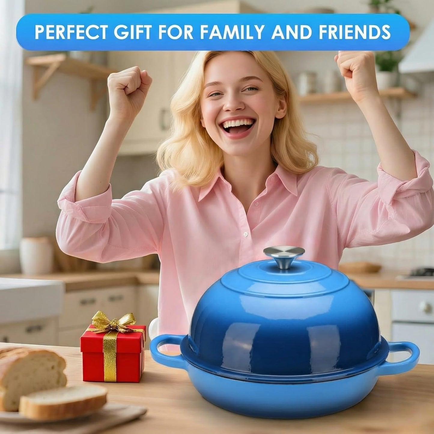 LIFERUN 6qt Enameled Cast Iron Dutch Oven for Sourdough Bread Baking, Non-Stick Dome-Shaped Bread Oven Pot with Lid, Silicone Handles and Scraper, Blue