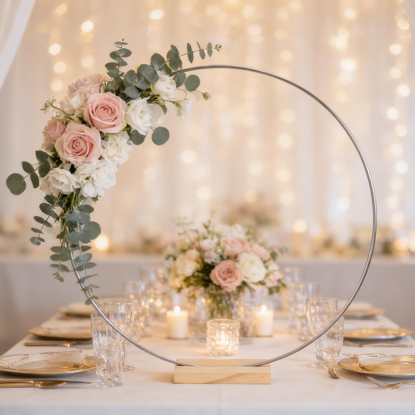 6 Pack Floral Hoop with Stand and 38-Yard Paddle Wire 24 Inch Metal Rings for DIY Centerpiece Table Decorations Crafts Macrame Rings Hoop Wreath Dream Catcher Rings Wedding Christmas Wreaths, Silver