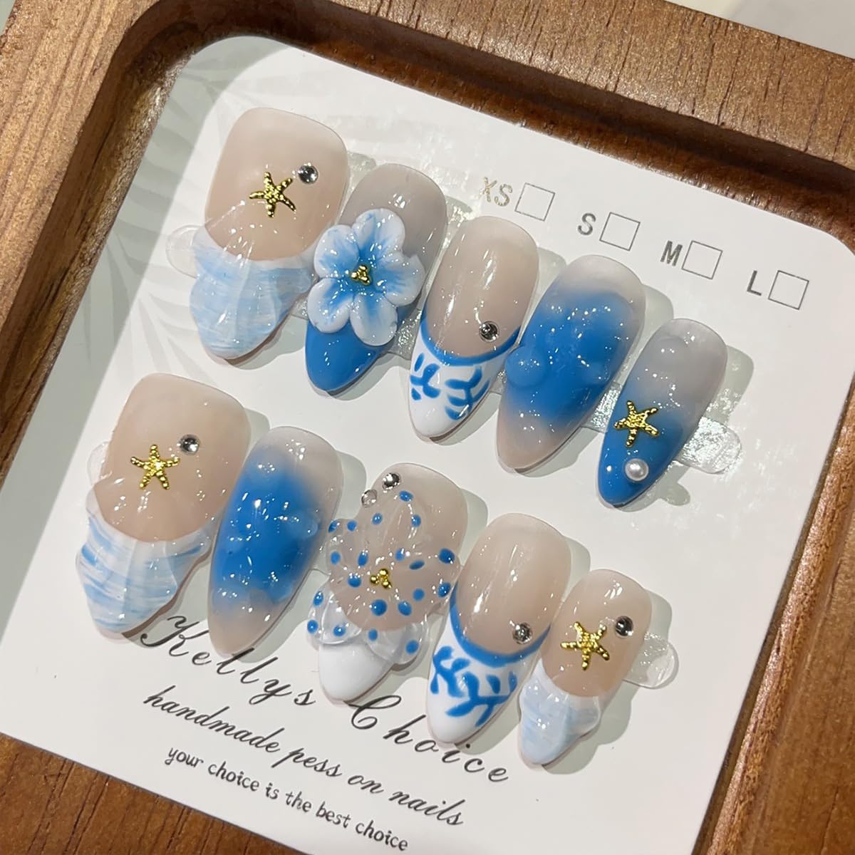 Blue Flower Press on Nails Medium Almond Handmade Fake Nails with Pearl Gold Starfish Gems Design 3D Ripple False Nails Full Cover Artificial Glue on Nails Summer Stick on Nail for Women DIY 10Pcs