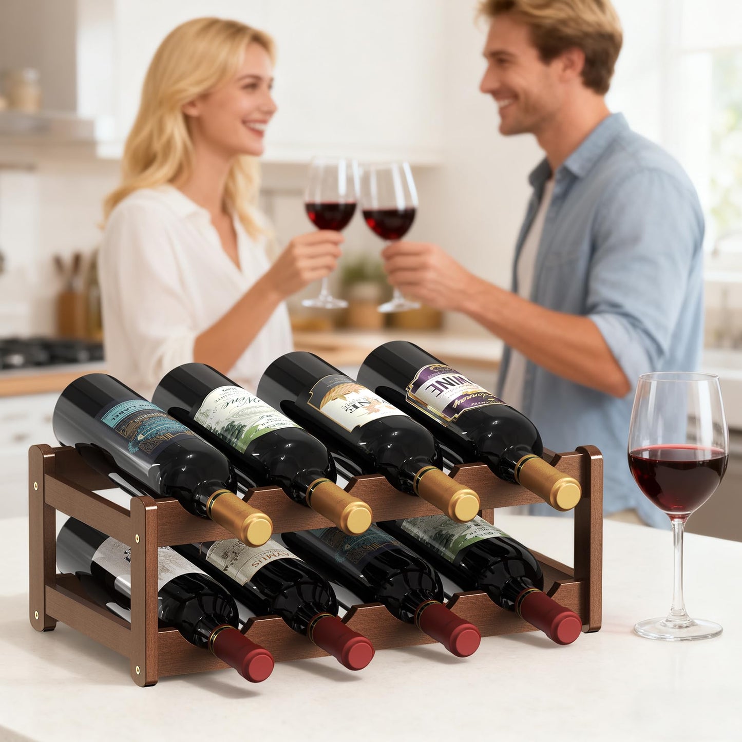 CAMOAT Wine Rack |Open & 2-Tier Bamboo Wine Holder| Freestanding Floor & Countertop Wine Display-Space-Saving Wooden Wine Storage Shelf for Kitchen, Cabinets,Bar & Dining Room(1, 2-Tiers)