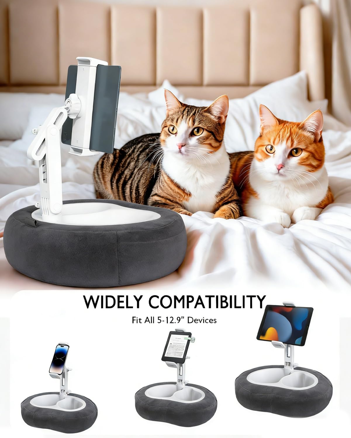 Miledi Tablet Pillow Stand, Compatible with 4.7"-12.9" Kindle, iPad, Phone/Tablet, 360° Rotating Phone Holder for Bed, Detachable Bowl, Reading and Relaxation on Bed (Black)