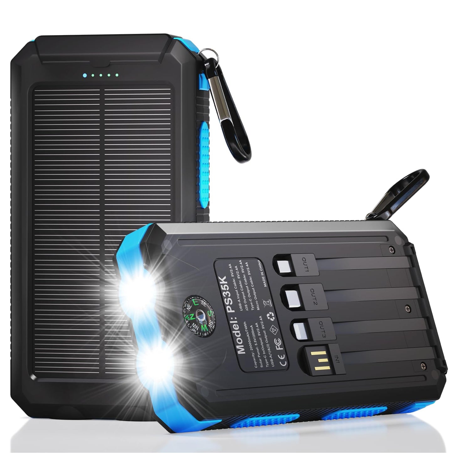 Durecopow Solar Charger Power Bank 20,000mAh, Portable Charger, 4 Cables 3 Ports Fast Charging External Battery Pack with USB C for Cell Phones, Solar Panel Charger with Dual Flashlight for Camping
