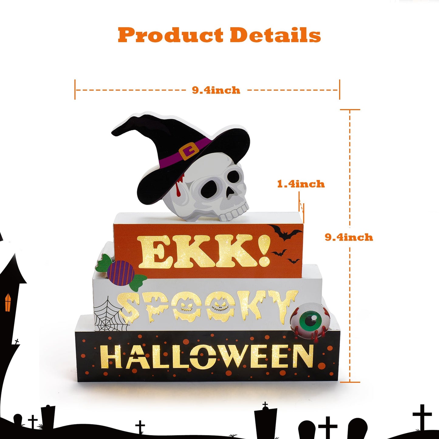 BlcTec Halloween Decorations Indoor 9.4" 4-Tier Wooden Block Set with Glowing 3D Letters, Skull Topper, Battery Operated Spooky Halloween Décor Built-in Timer for Home, Mantle, Shelf, Table Decor