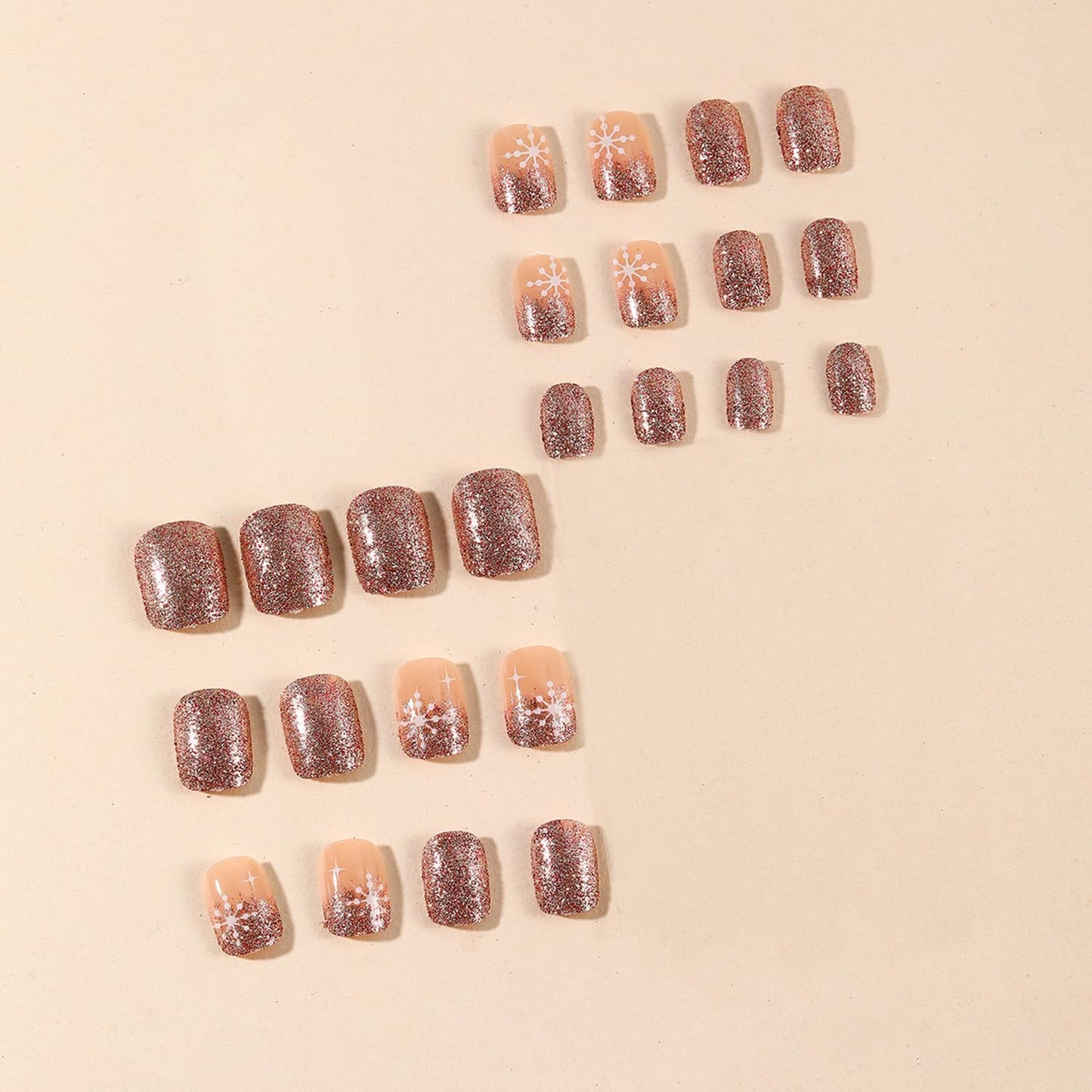 24Pcs Christmas Short Press on Nails Champagne Square Fake Nails with Snowflake Designs Winter Nail Press ons Xmas Full Cover Glue on Nails Artificial Acrylic False Nail for Women Holiday Kit