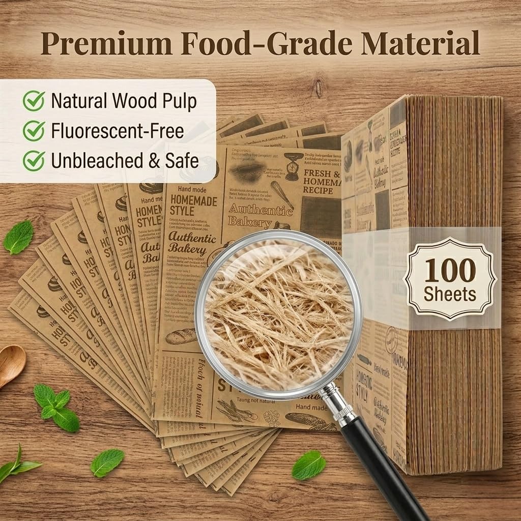 100Pcs Newspaper Sandwich Wrapping Paper Sheets, 10''x10'' Printed Parchment Deli Food Wrap, Non-Stick Greaseproof Basket Liners Wax Baking Linings