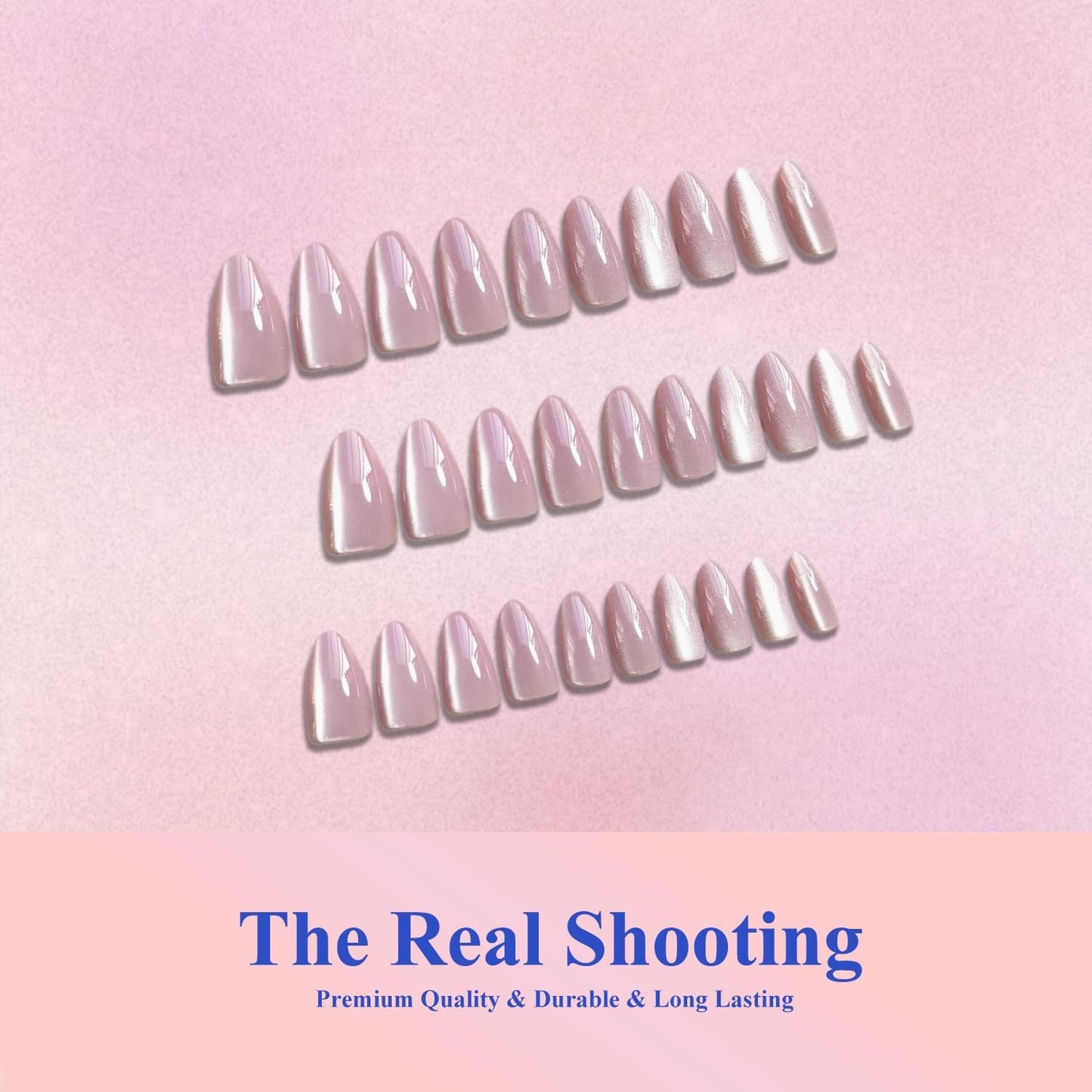 KQueenest Cat Eye Press On Nails Almond - Pastel Pale Pink Press On Nails Medium Stiletto, 30 Pcs 15 Sizes Glitter Fake Nails Press ons, Upgrade Thick Quality Bling Reflective Glue on Nail for Women