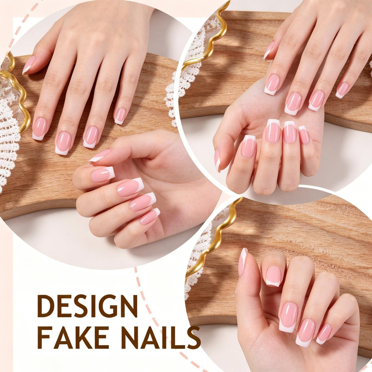 32Pcs French Tip Press On Nails Short Square Fake Nails Press ons Glossy Nude Pink False Nails Reusable Acrylic Stick On Nails for Women Daily Home Office, Manicure Kit with Adhesive Tabs