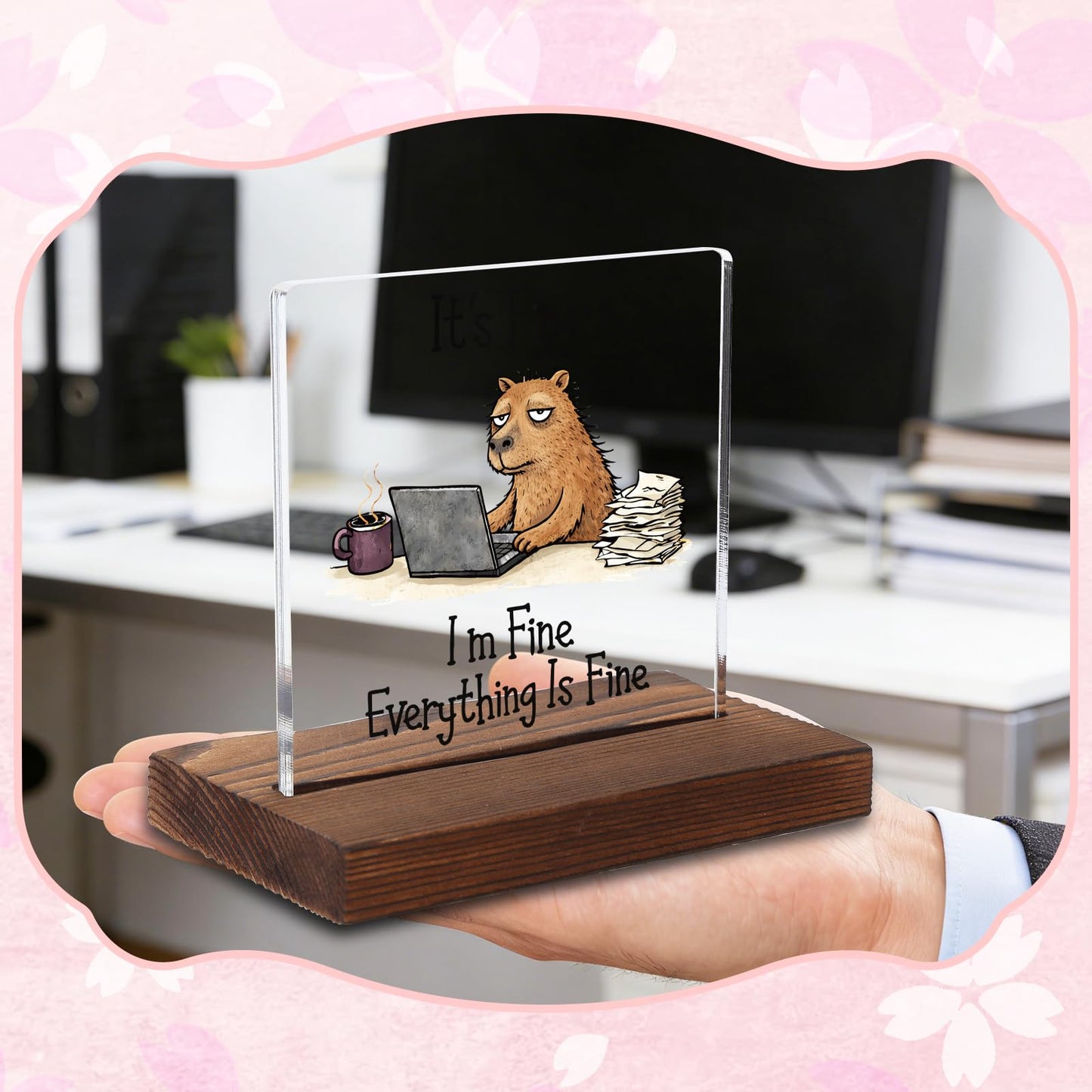 Funny Capybara Acrylic Plaque Gift, Calming Gift for Remote Worker, Relatable Desk Decor for Project Manager, Transparent Acrylic Plaque with Wooden Stand, HSJ119