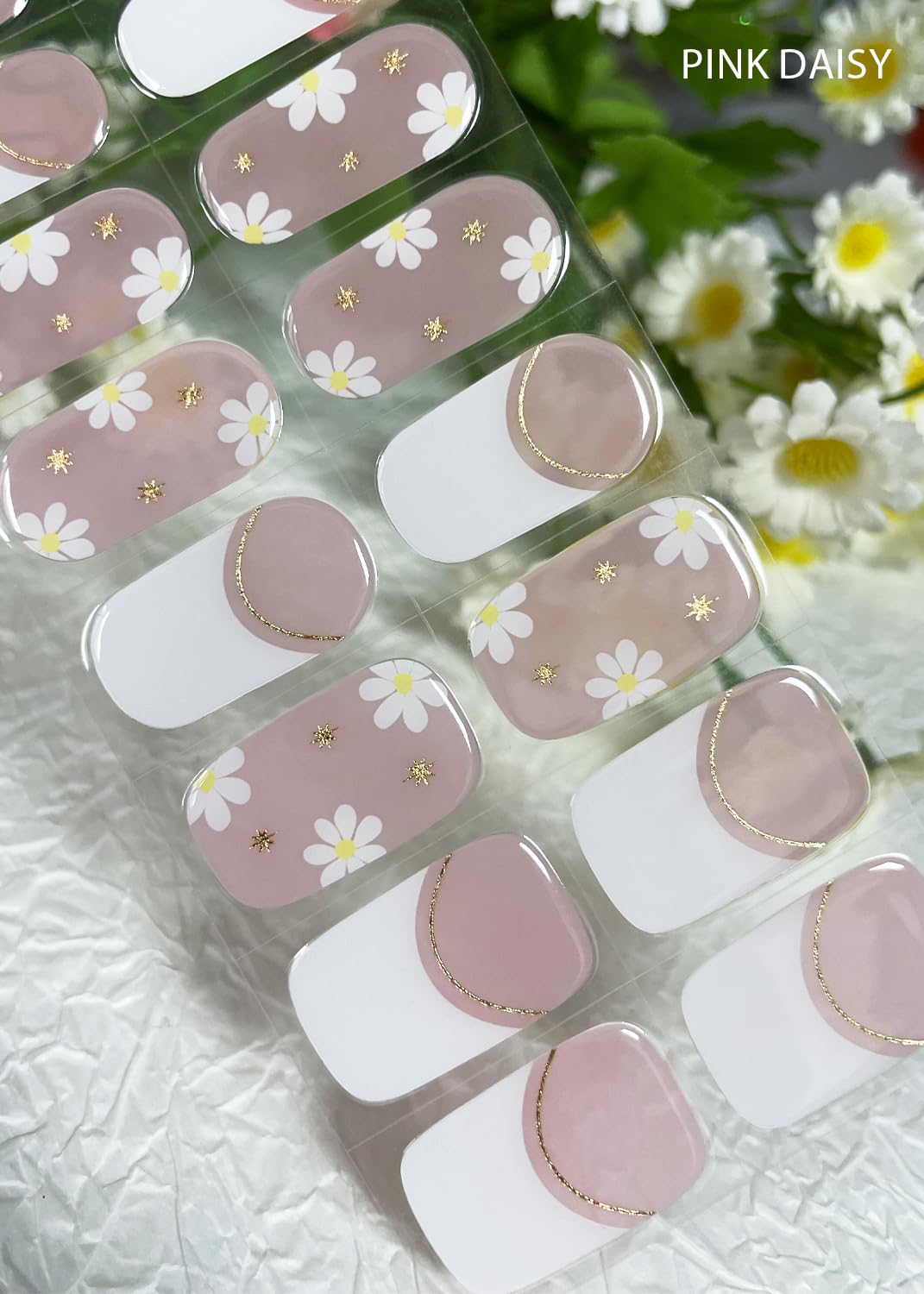 AutyaMee Semi Cured Gel Nail Strips (Pink Daisy), French, 20 Pcs Gel Nail Wraps, Stickers, UV Light Required, Salon Quality, Long Lasting