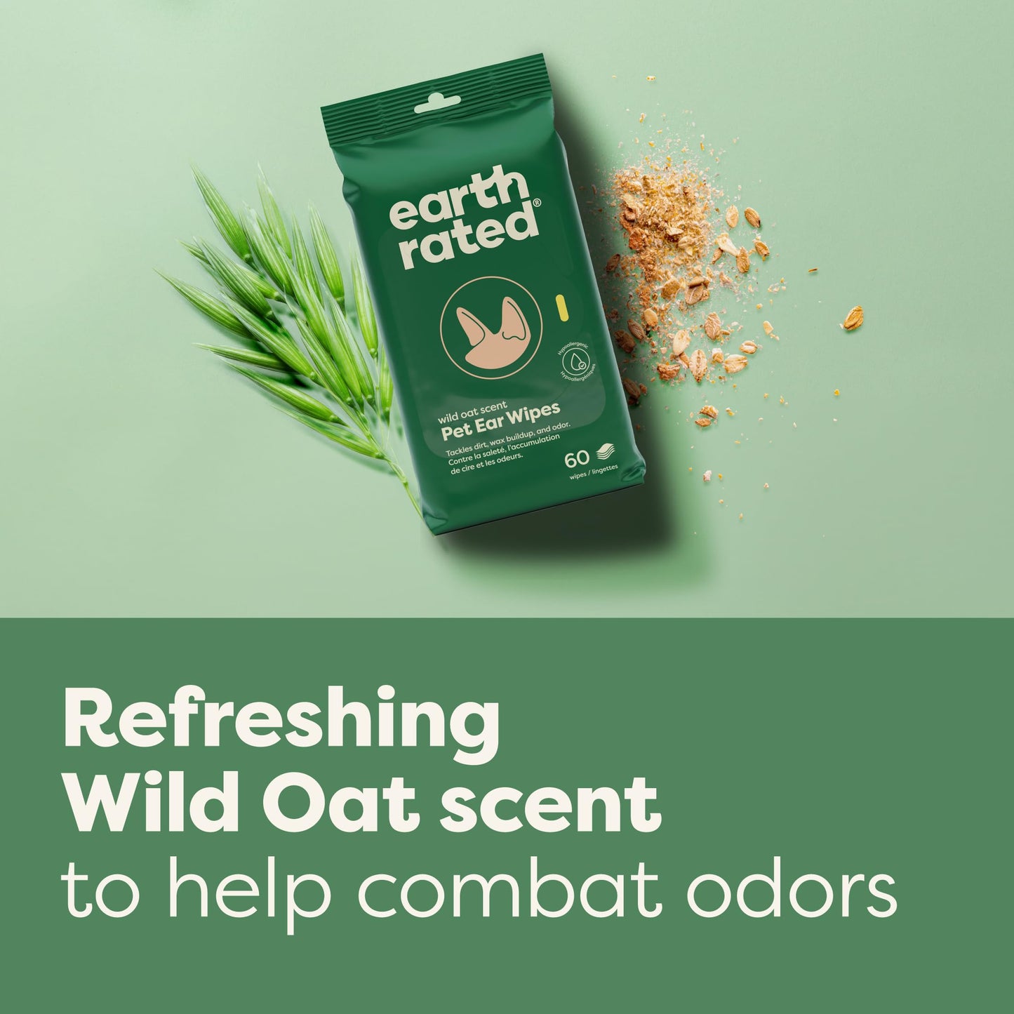 Earth Rated Ear Wipes & Grooming Wipes Bundle - Includes 70 Wild Oat-Scented Pet Ear Wipes and 100 Unscented Grooming Wipes.