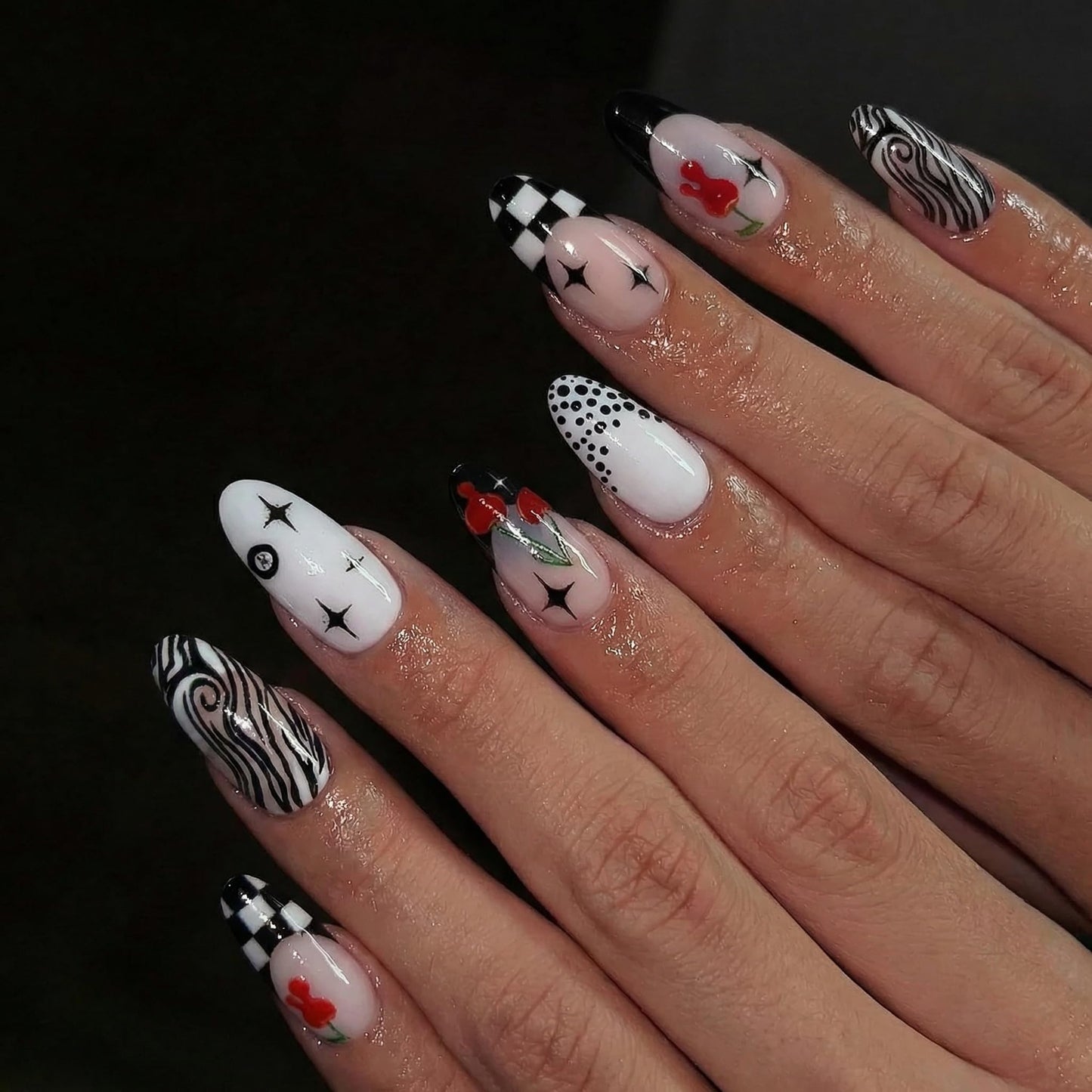 BABALAL Press on Nails Medium Almond Fake Nails Black Y2k Goth Glue ons Cherry & Polka Dot Design Supplies 24Pcs Full Cover Trendy Glossy Acrylic False Nails