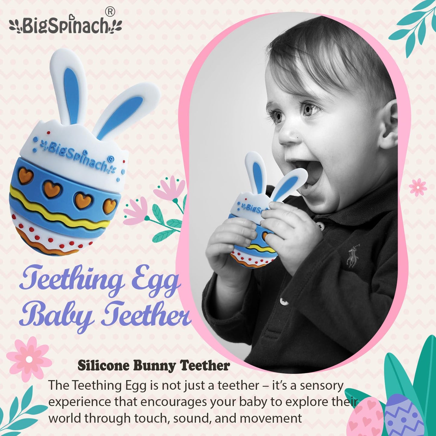 BIGSPINACH Easter Egg Baby Teether,Baby Teething Toy for Pain Relief,Silicone Bunny Rabbit Teether,Easter Gift for Babies,Sensory Toy for Boys & Girl (Blue)