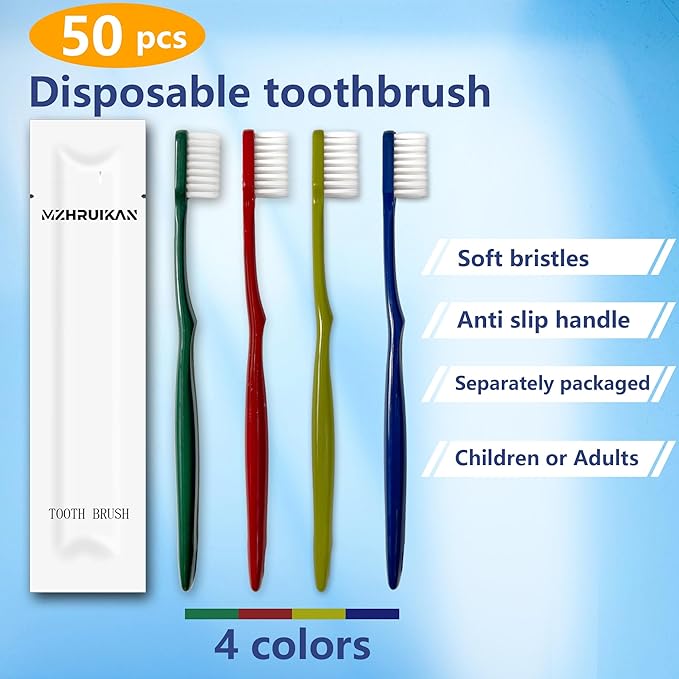 50 PCS Disposable Toothbrushes, Bulk Individually Wrapped Toothbrushes, Travel Toothbrush Pack, Ultra Soft Bristles & Non-Slip Handle, Perfect for Home, Travel, Hotel, Donation (50 Pieces)
