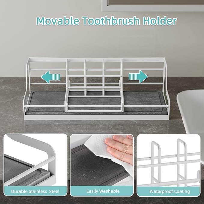 Toothbrush Holders, Bathroom Organizers and Storage with with Instant Drying Stone, 6 Slots Bathroom Accessories with Adjustable Toothpaste Holders, Bathroom Counter Organizer, White