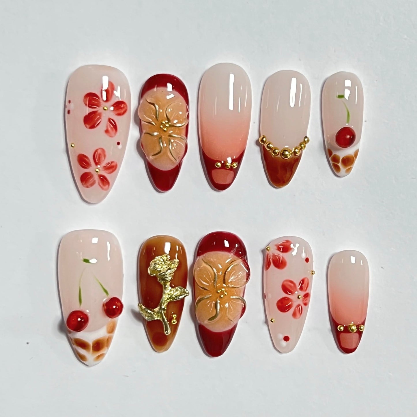 Almond Press on Nails Medium - Handmade Fake Nails with 3D Gold Flower Design - Winter Cherry Full Cover Glue on False Nails for Women - (Size S)