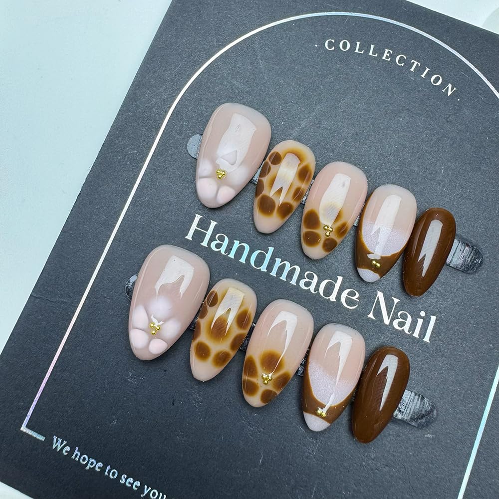 Handmade Press on Nails Medium Almond Handmade Nails with Rhinestone Flower Design Brown False Nails Glossy Leopard Print Nail Press ons Reusable Fall Winter Fake Nail for Women Size M 10Pcs