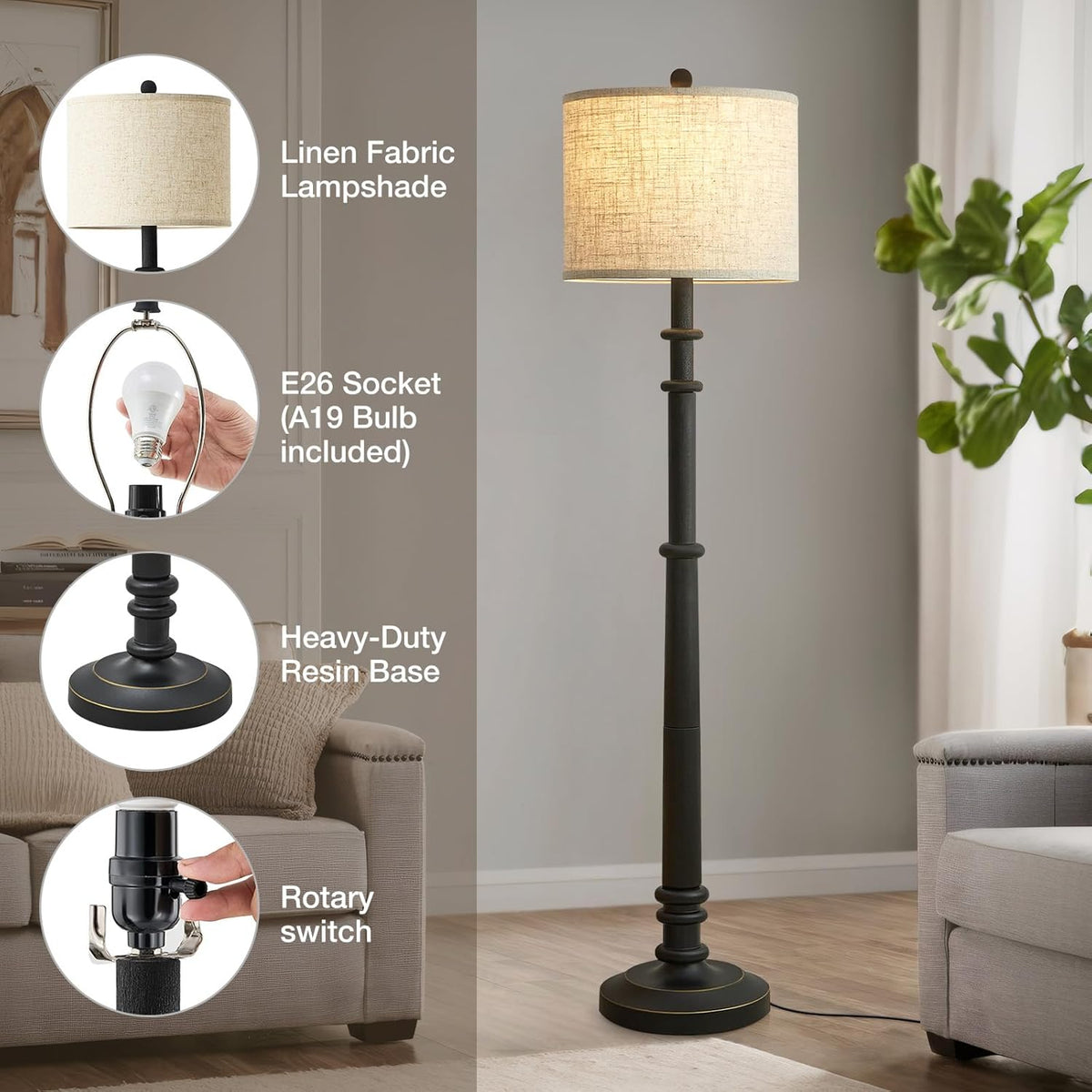 Floor Lamps for Living Room - 60" Resin Farmhouse Floor Lamp with 3 Color Temperatures - Vintage Standing Lamp Reading Light with Linen Shade Retro Tall Lamp for Bedroom Office, Black