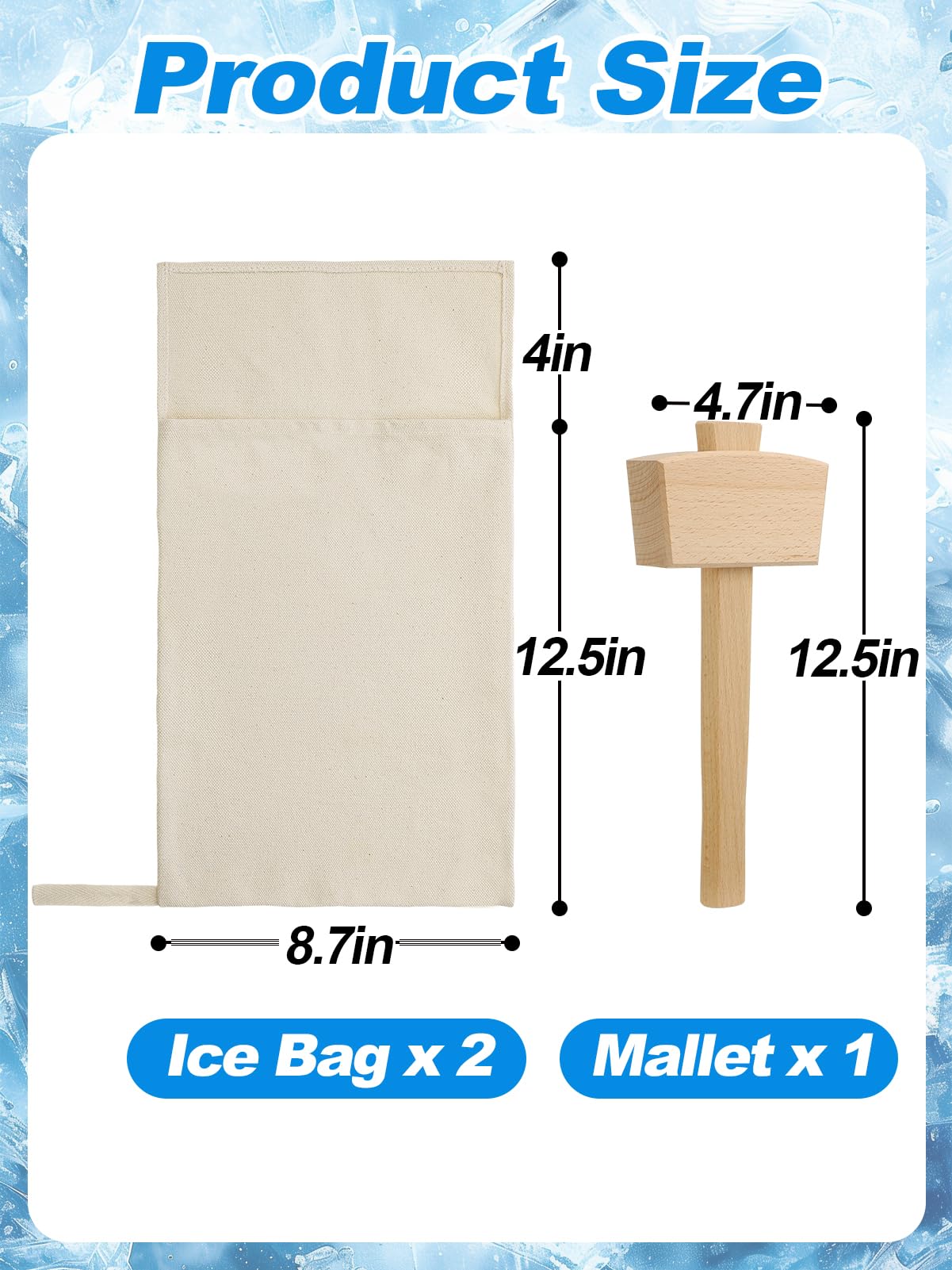 2 Pack Enlarged Canvas Ice Crusher Bags with 1 Mallet -16.5" × 8.7" Reusable Lewis Bags with Wooden Mallet for Home Kitchen Bar Party Ice Breaking
