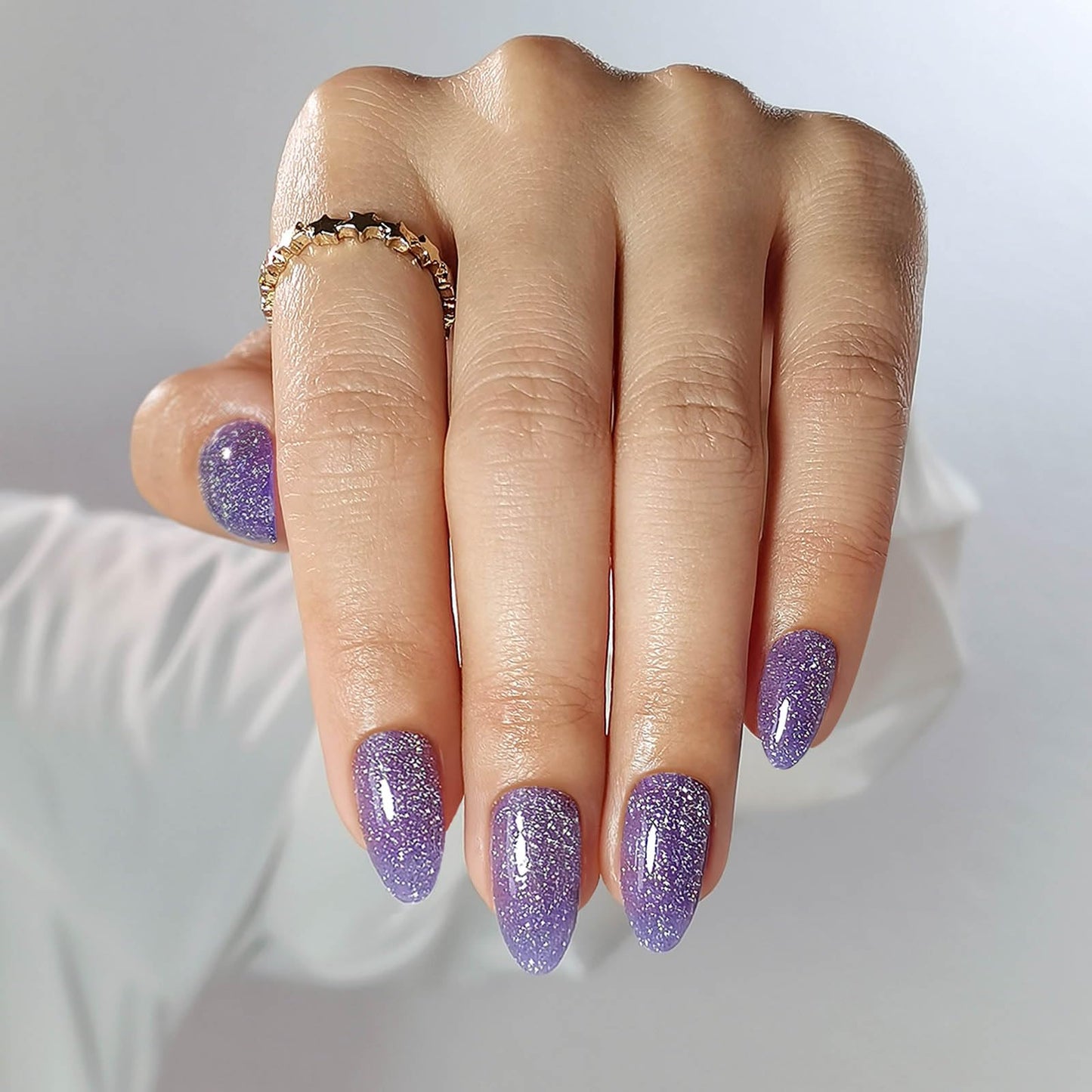 Purple Glitter Press on Nails Almond Short with Sparkling Diamond - SHANGMENG Soft Gel Spring Fake Nails for Women Gift, Glossy Stick on Nails with Glue in 16 Sizes - 32 Reusable Nails, Lavender