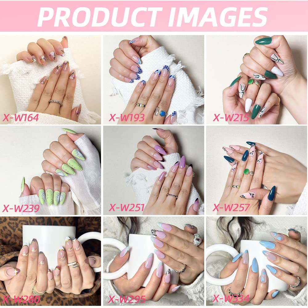 24 Pcs Press on Nails Medium,Lucoffeoi Almond Fake Nails with Nail Glue Almond and Square on Nails Set with Adhesive Tabs File Nails Tips for Women Girls Kids