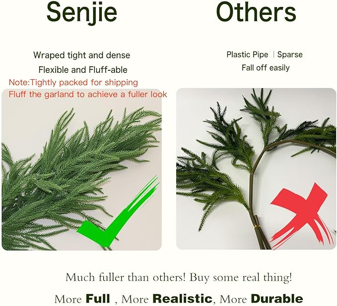 15FT Christmas Garland Norfolk Pine Garland Real Touch Artificial Greenery Garland for Mantle Fireplace Table Indoor Outdoor Holiday Decortions (Dark Green)