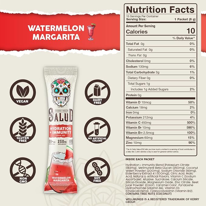 Salud 2-in-1 Hydration and Immunity Electrolytes Powder, Watermelon Margarita - 15 Servings, Agua Fresca Drink Mix, Elderberry, Dairy & Soy Free, Non-GMO, Gluten Free, Vegan, Low Calorie, 1G Sugar