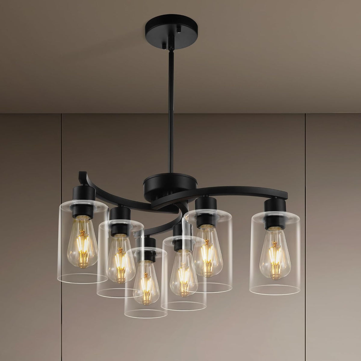 6 Light Modern Farmhouse Chandelier，Black Dining Room Light Fixture，Kitchen Pendant Lights Over Island with Glass Shade