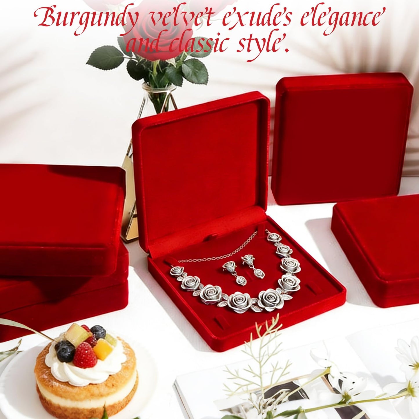 EATHEATY 6 Pack Large Velvet Jewelry Set Gift Boxes (7.5" Square) - Wine Red Display Case for Necklace, Earrings, Ring, Bracelet - Packaging for Wedding Bridesmaids, Retail, Anniversary