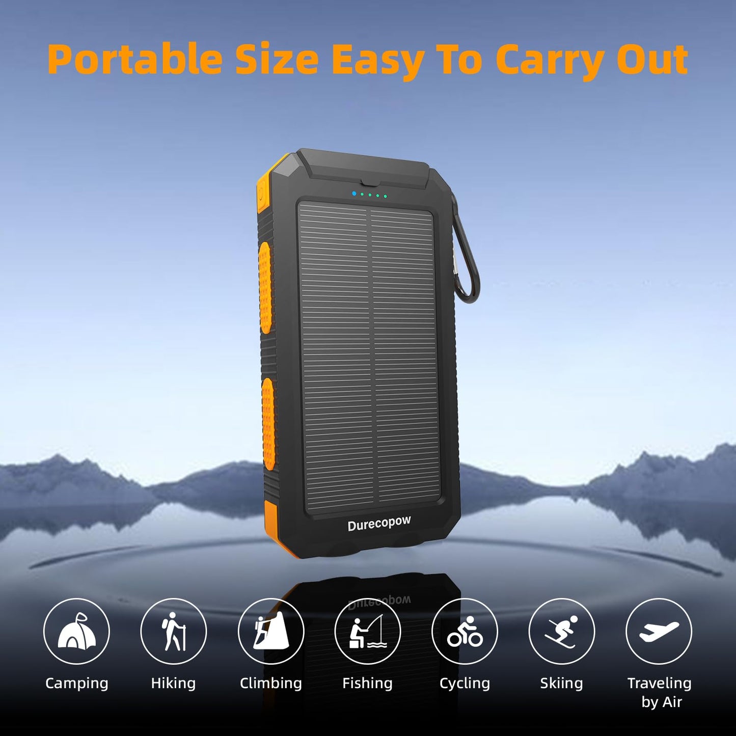 Durecopow Solar Charger Power Bank 20,000mAh, Portable Charger, 4 Cables 3 Ports Fast Charging External Battery Pack with USB C for Cell Phones, Solar Panel Charger with Dual Flashlight for Camping