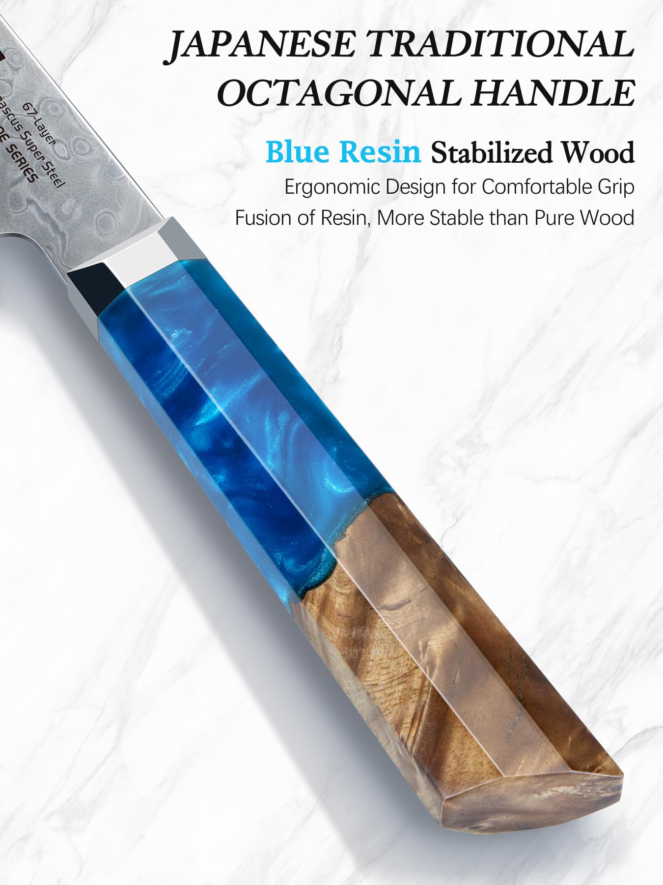 HOSHANHO Damascus Santoku Knife 7 Inch, 67-Layer Damascus Steel Chef Knife, Ultra Sharp Professional Kitchen Knives with Ergonomic Blue Resin Stabilized Wood Handle and Wood Gift Box