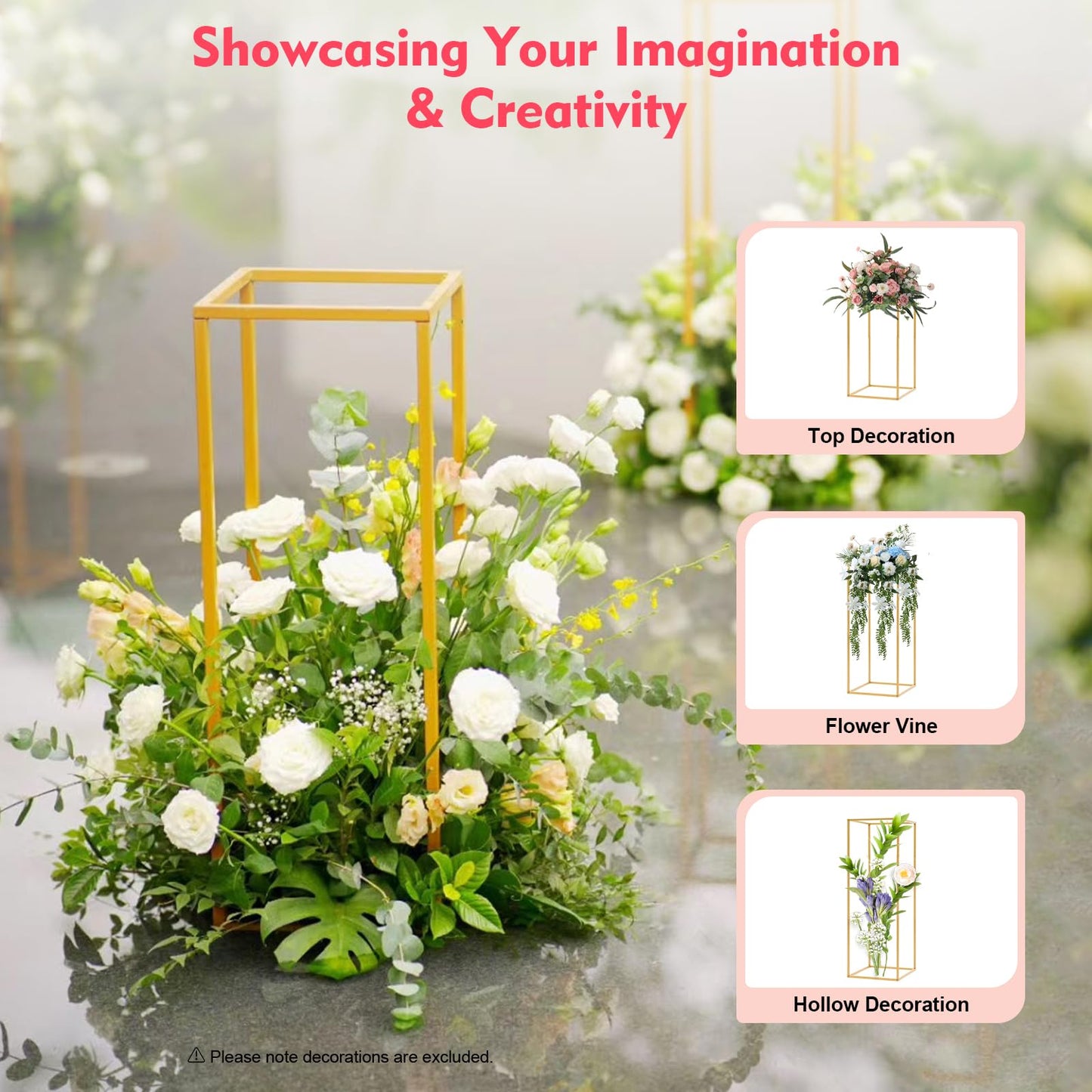 4 Pcs Inweder Column Vases Wedding Centerpieces, Different Sizes Gold Floor Vase, Tall Metal Vase Column, Rectangular Geometric Flower Rack，for Wedding Decorations, Event, Home, Party(16",24",32",40")