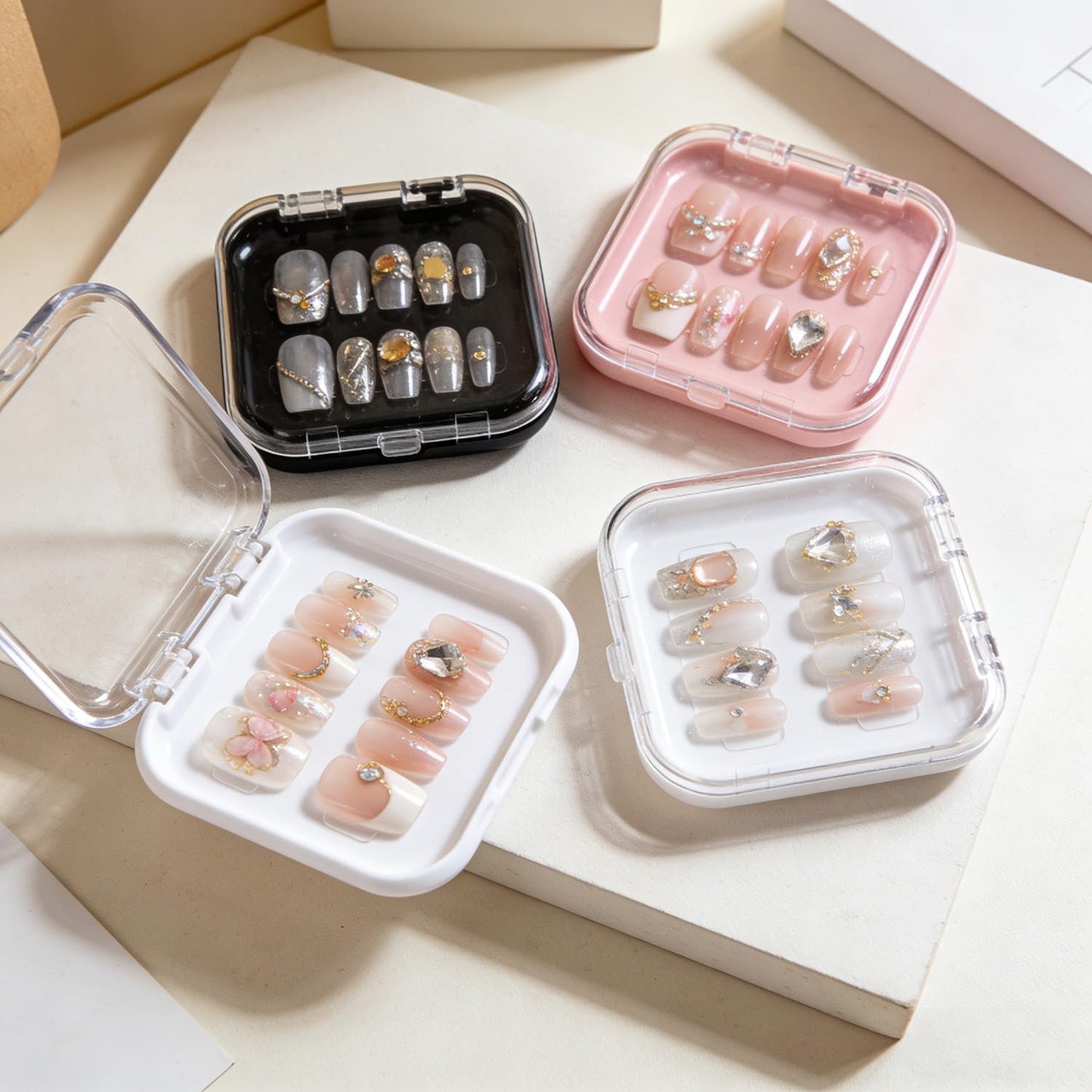 16PCS Press on Nail Storage Box 4 Colors Acrylic Organizer Nail Case Nail Display Case Nail Display Box Artificial False Nail Box with Double Sided Adhesive Nail Tape Suitable for Press on False Nail