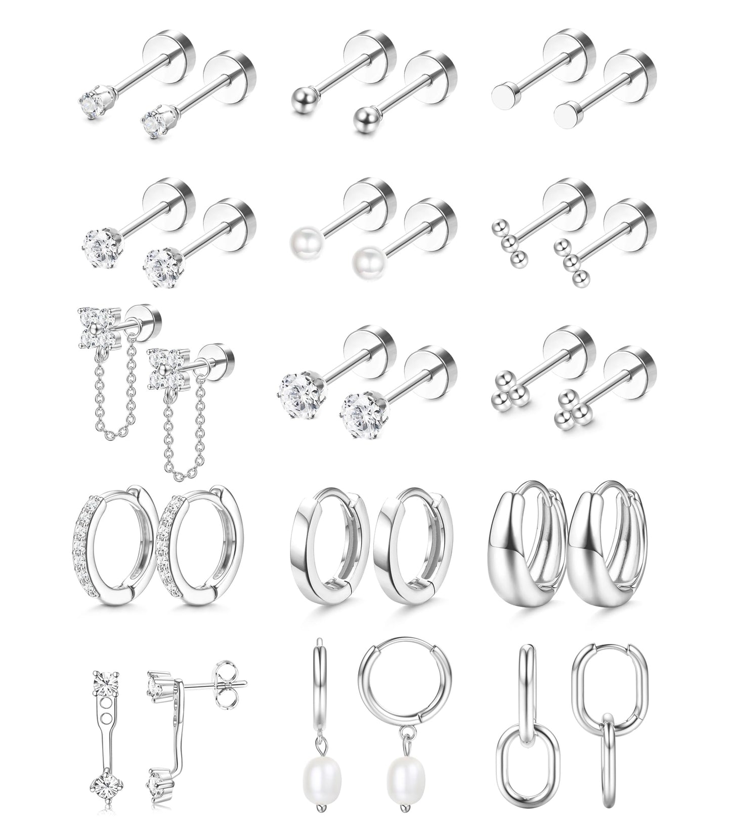 LOLIAS Flat Back Earrings for Women Hypoallergenic Surgical Steel Earrings for Sensitive Ears-20G Cartilage Earring Stacks 14K Gold Plated Hoops Flatback Stud Earring Sets for Multiple Piercing