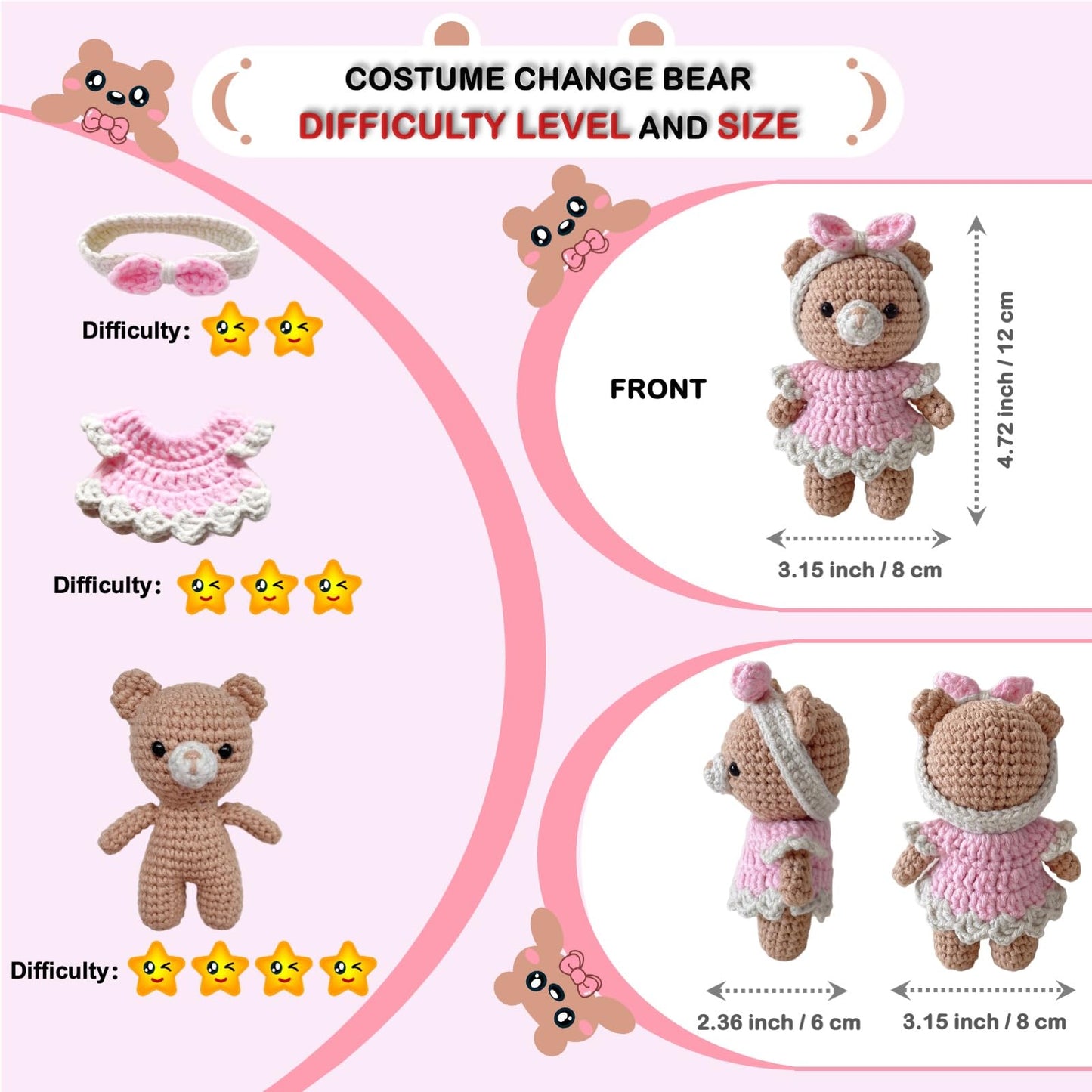 LoopMap Amigurumi Crochet Kit for Beginners with Removable Dress & Video Tutorials, DIY Bear Making Kit Includes Premium Yarn & Tools, Creative Gift for Adults Teens (Pink)
