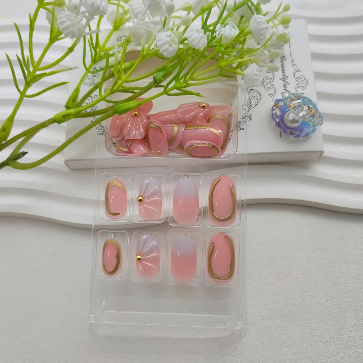 Summer Press on Nails Short Oval Fake Nails with 3D Water Ripple Pearl Designs Gradient Nails Press ons Glossy Glue on Nails Gold Lines Acrylic Nails Handmade Stick on Nails for Women 24Pcs