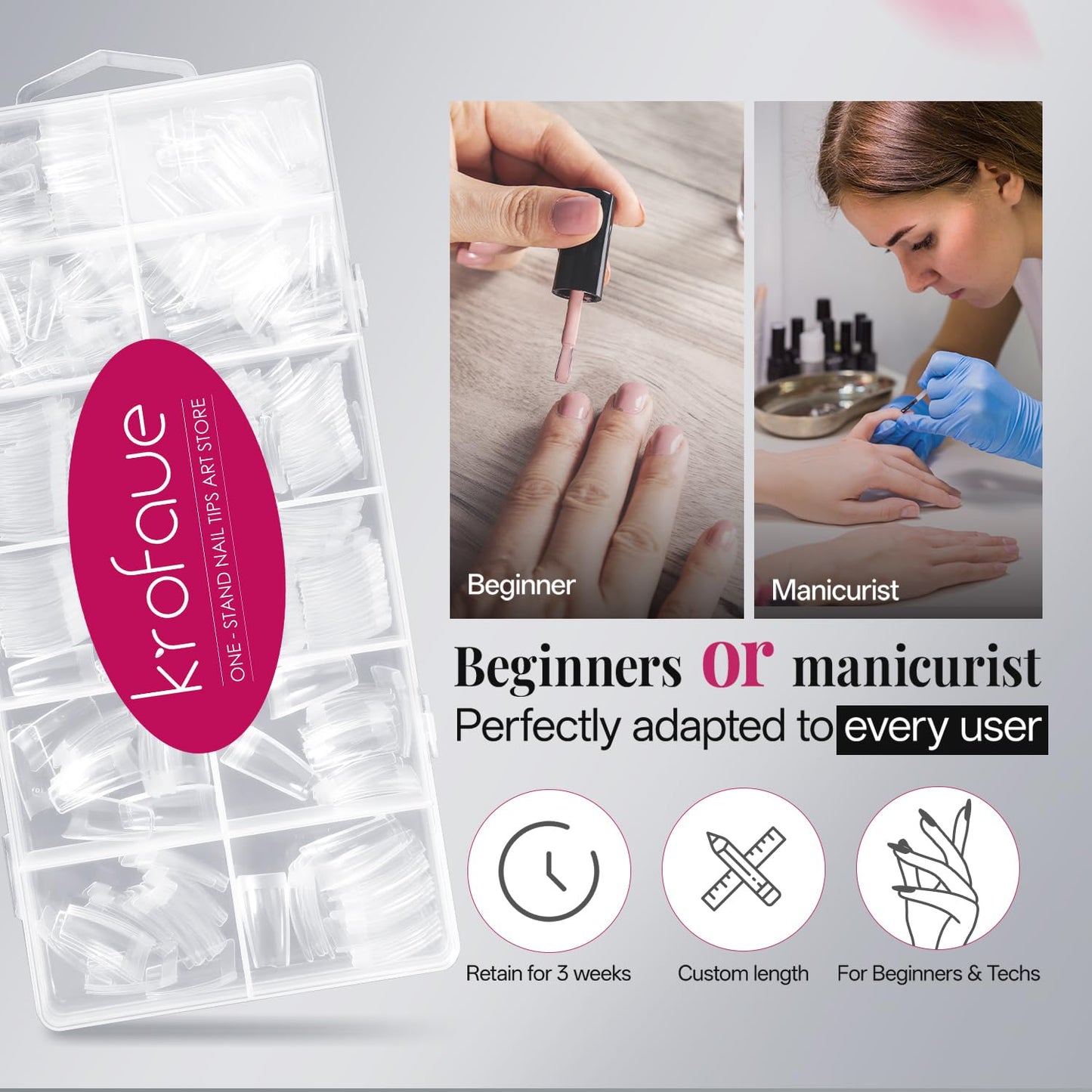 krofaue 504PCS Clear Fake Nails - Half Cover French Nail Tips 12 Sizes Acrylic Soft Gel Square False Tips Gift for Nail Extension DIY & Salon