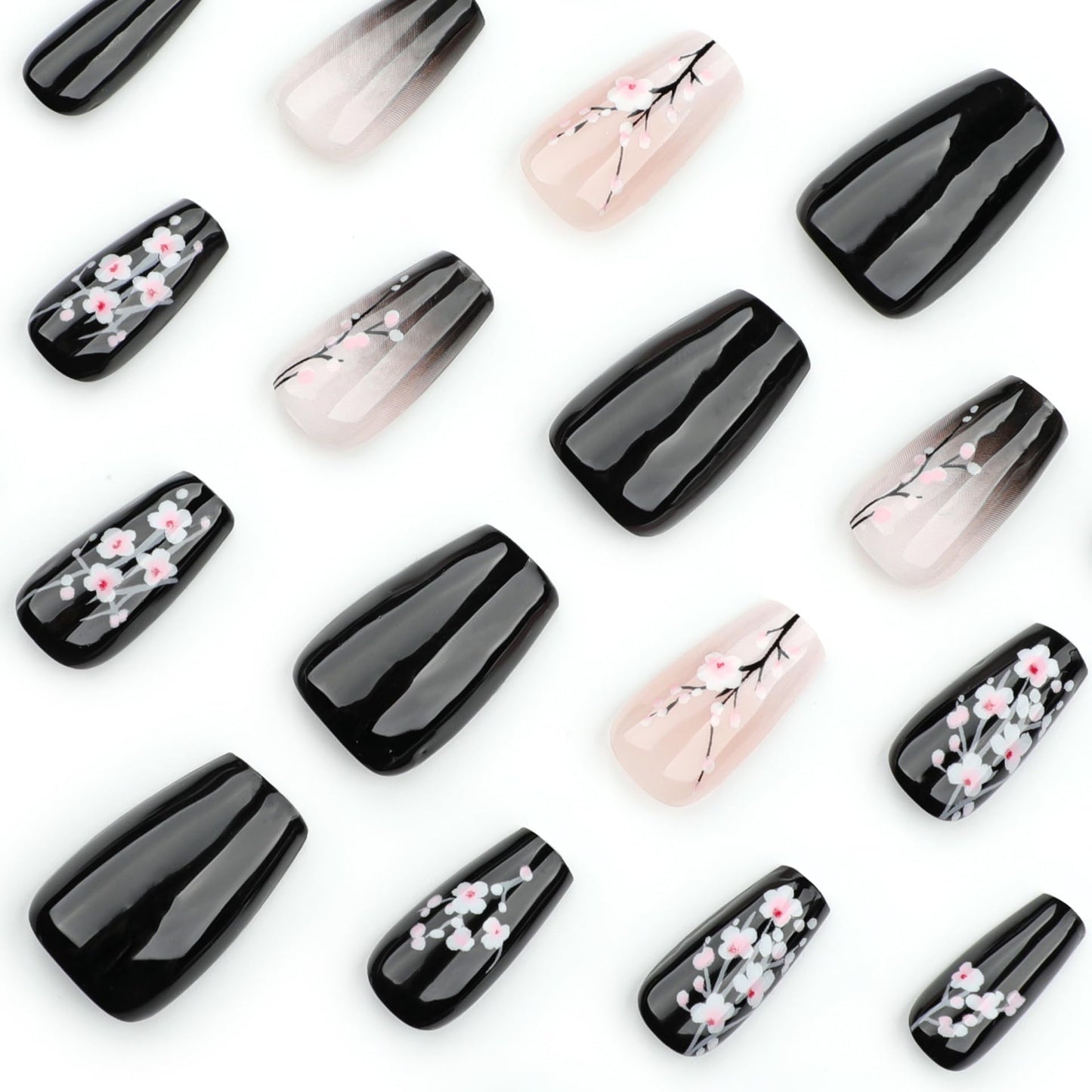 24Pcs Medium Press on Nails Coffin Shaped Fake Nails with Designs Black Gradient Nails Press ons Full Cover Stick on Nails Spring Glue on Nails False Nails for Women Girls Manicure Art