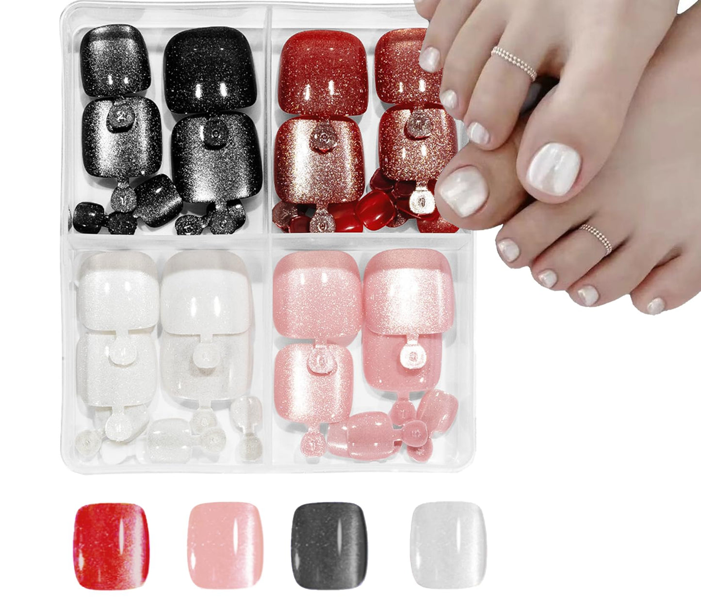 96Pcs Press on Toenails Short Square Press on Toe Nails Cat Eye Fake Toe Nails Red Pink Black White False Toenails Glitter Reusable Full Cover Acrylic Toe Nails for Women Manicure