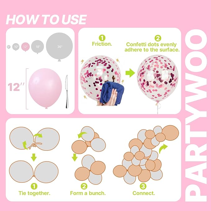 PartyWoo Pink and White Balloons 65pcs 12 Inch Light Pastel Baby Metallic Pearl Pink Matte White Confetti Balloons for Gender Reveal Wedding Bridal Girl Baby Shower Princess Birthday Party Decorations