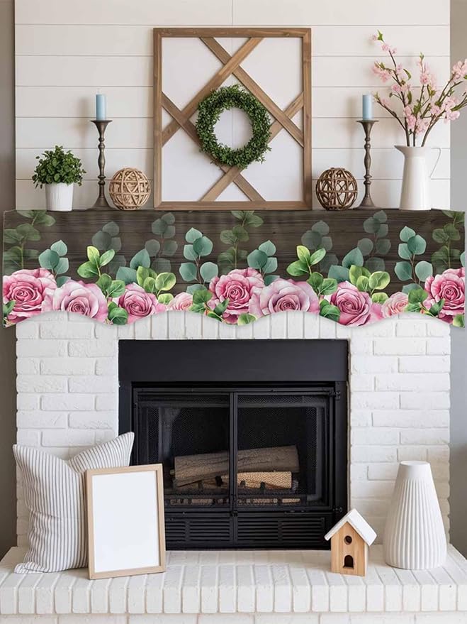 Spring Pink Roses Fireplace Mantel Scarf Table Runner, Pastoral Eucalyptus Leaves Brown Wooden Winter Garland Mantel Top Tablerunners Dresser Scarves Cover for Windows Party Living Room 70''x17''