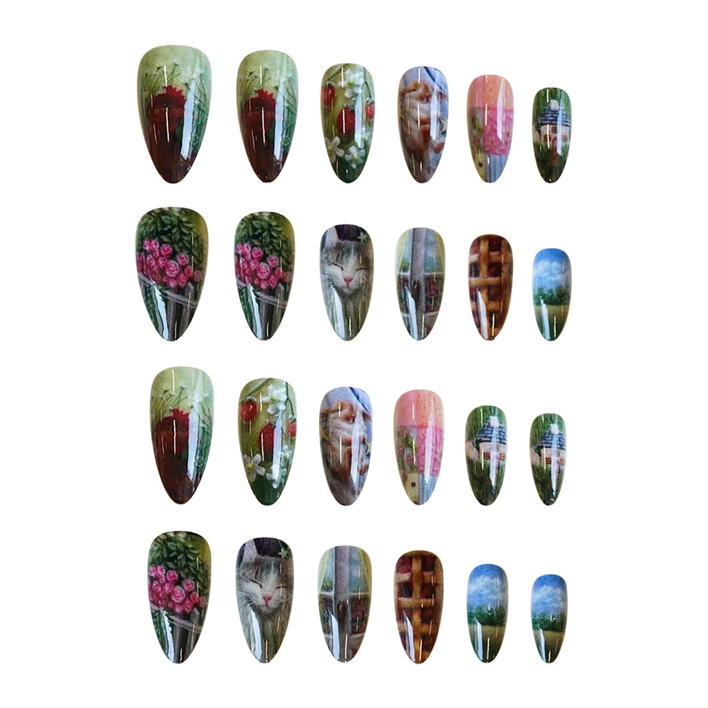 IMRAIN Press on Nails Almond Medium Fake Nails Green Acrylic False Nails Full Cover Artificial Cute Glue Stick on Nails for Women Girls 24Pcs