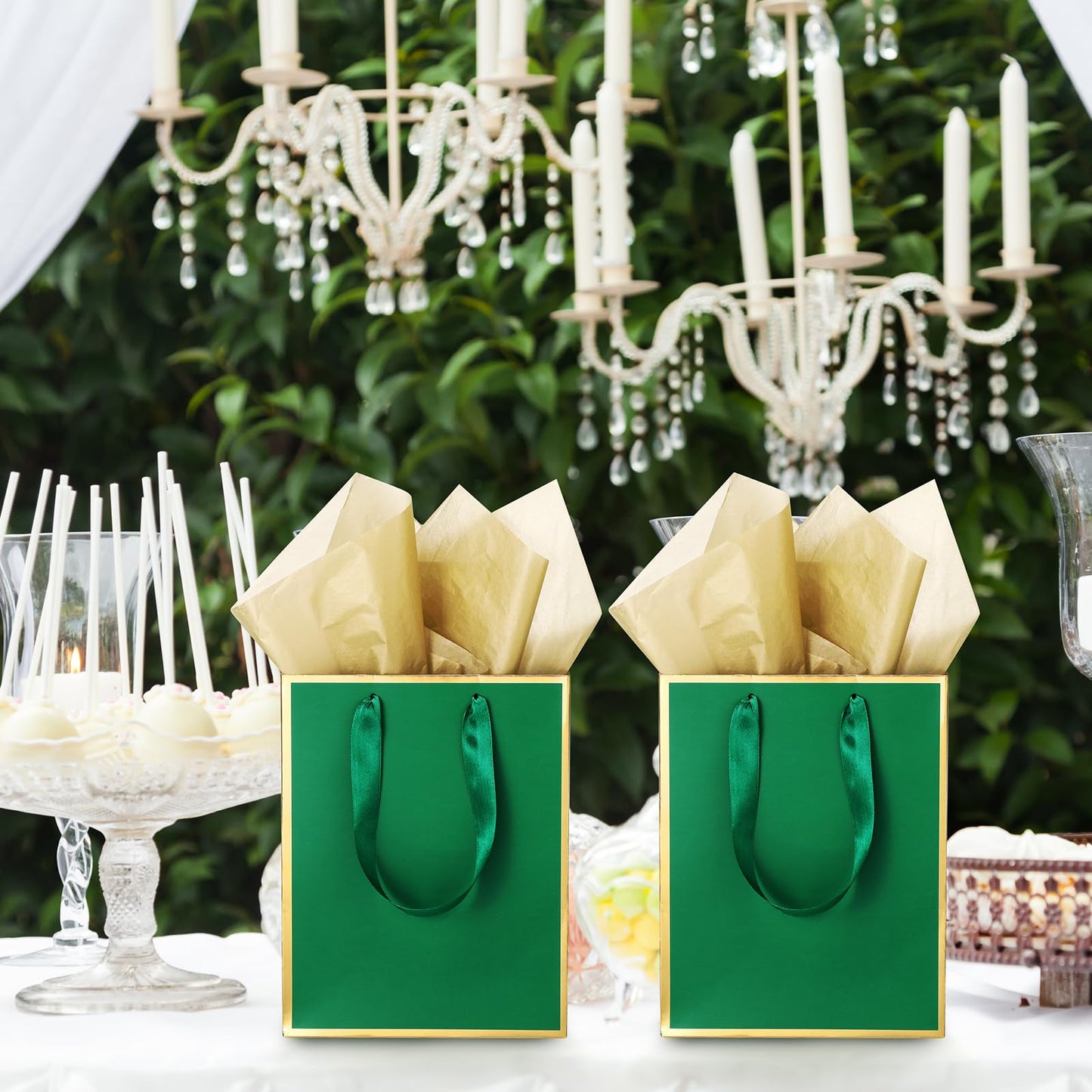 Yeaqee 24 Pack Metallic Paper Gift Bags with Handle and Tissue 9x7x3.1 Gold Foil Welcome Thank You Favor Bags Return Gifts for Wedding Mothers Graduation Bridesmaid Birthday(Green Gold)
