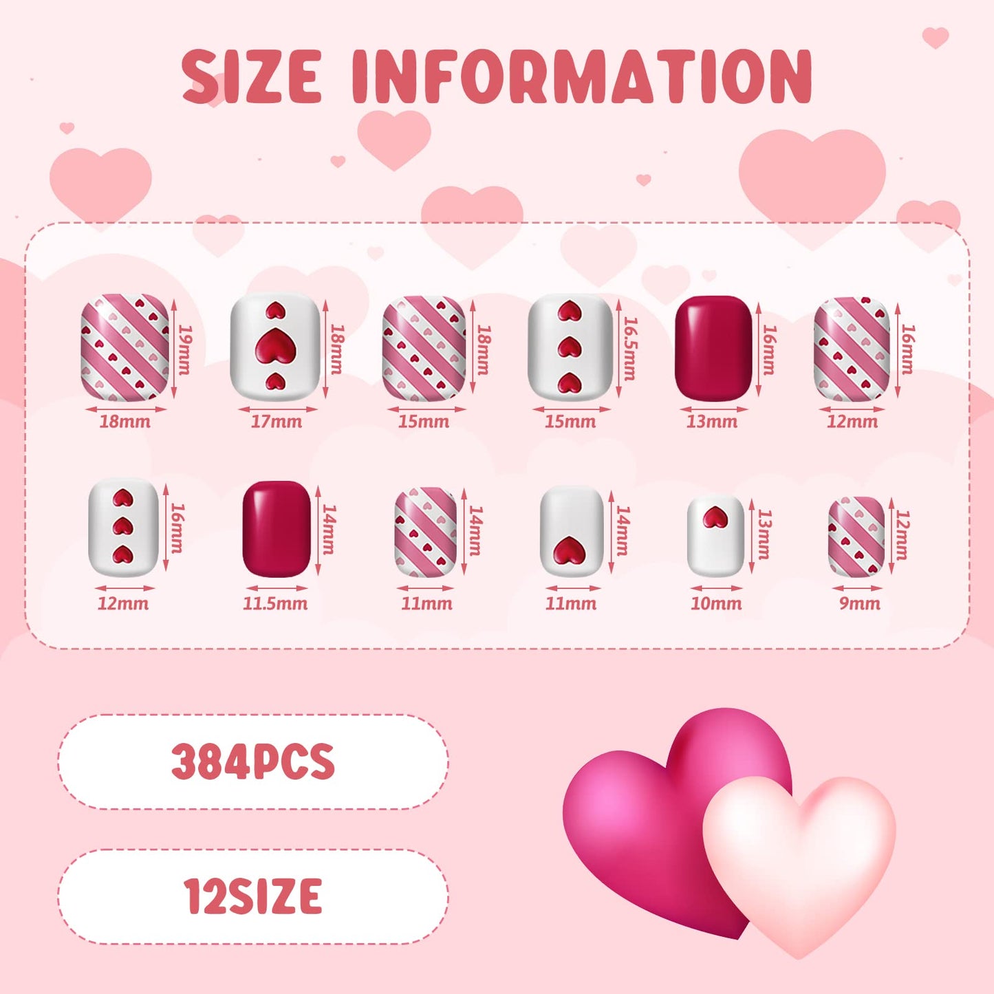 384 Pcs 16 Pack Valentine‘s Day Press on Nails Short Fake Nails Square False Nails Artificial Nail Full Cover Coffin with Rose Pink White Pattern for Women Girls (Romantic Pattern)