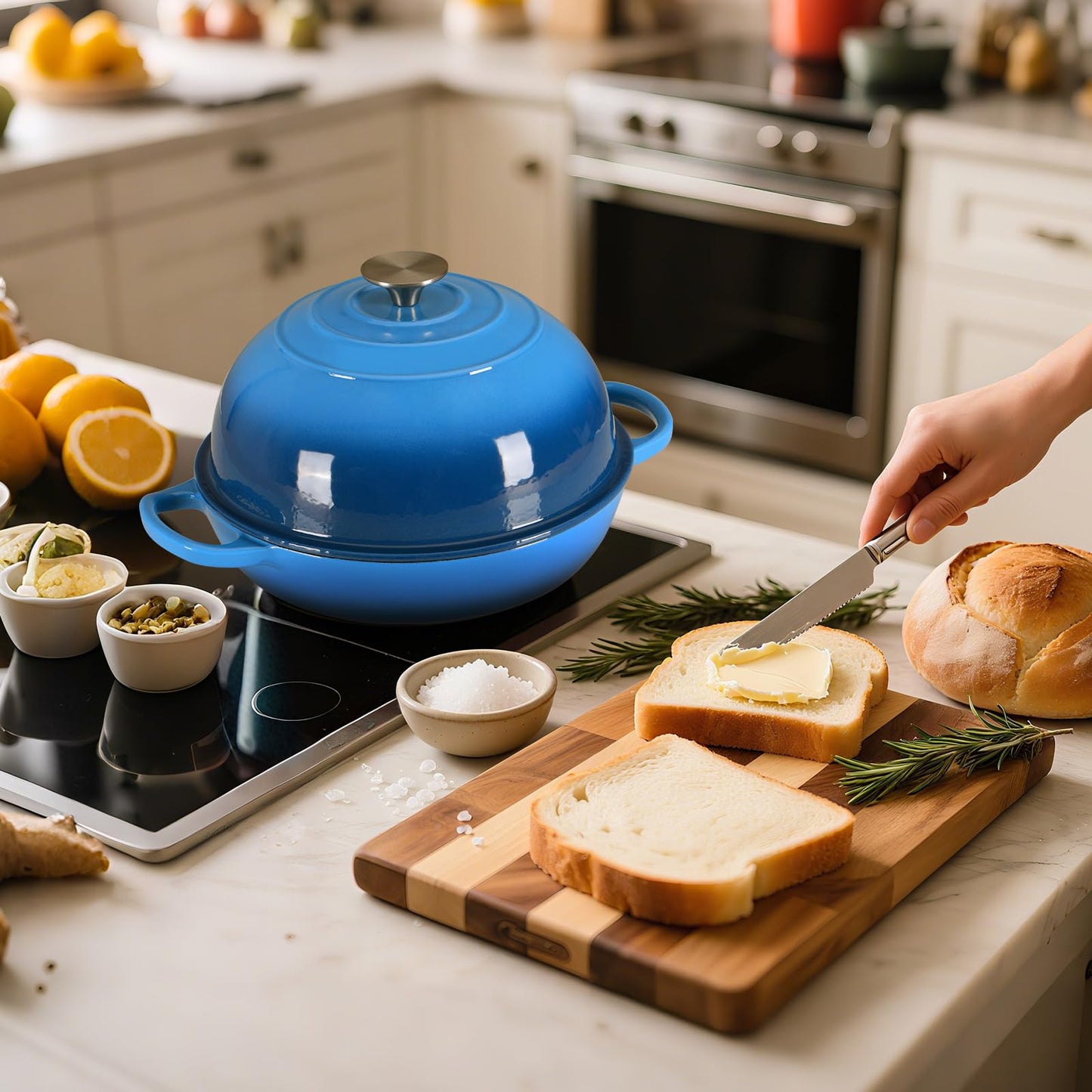 LIFERUN 6qt Enameled Cast Iron Dutch Oven for Sourdough Bread Baking, Non-Stick Dome-Shaped Bread Oven Pot with Lid, Silicone Handles and Scraper, Blue